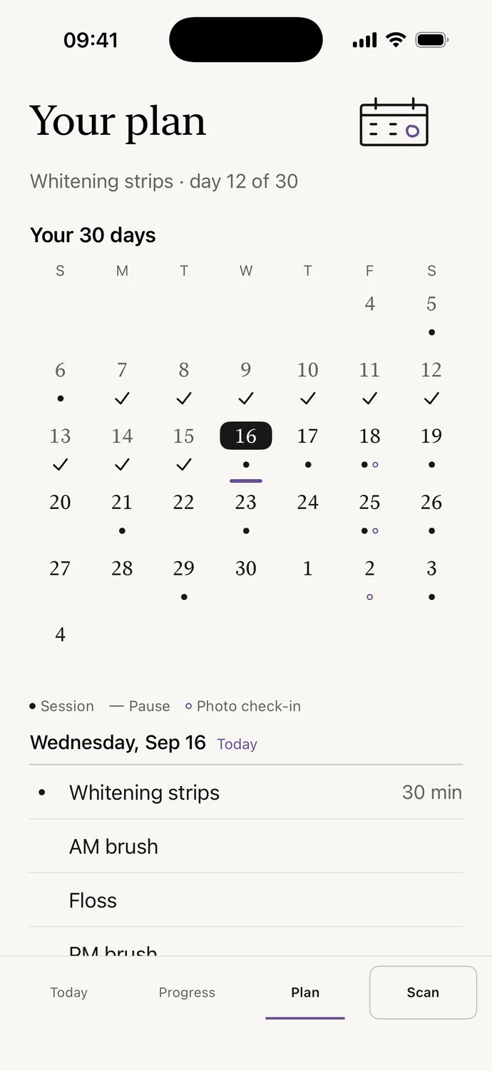 Enamel plan: a 30-day calendar with strip sessions, breaks and check-in scans.