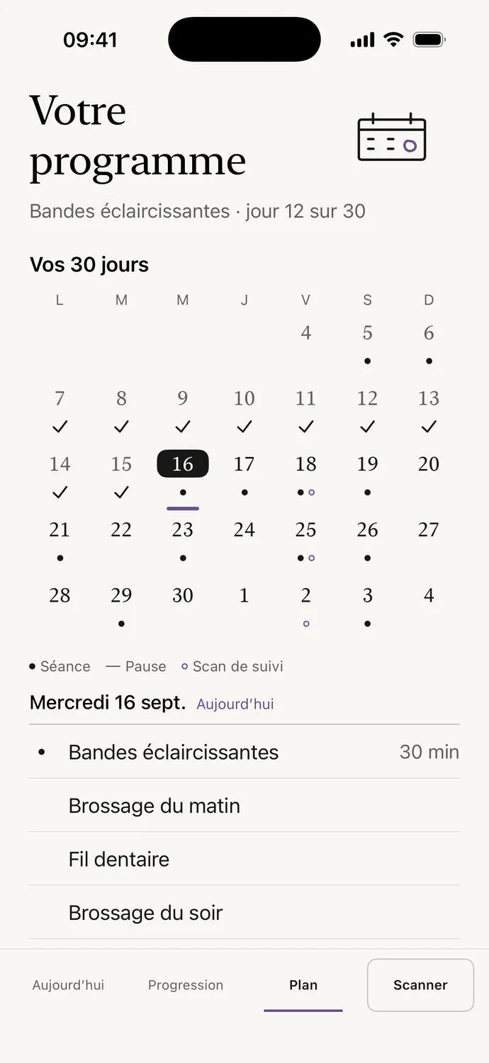 Programme Enamel : calendrier de 30 jours avec séances de bandes, pauses et scans de suivi.