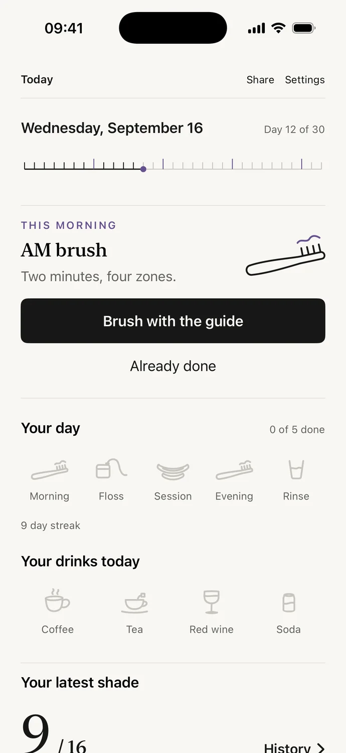 Enamel Today screen showing daily habits and coffee, tea, red wine and soda buttons.