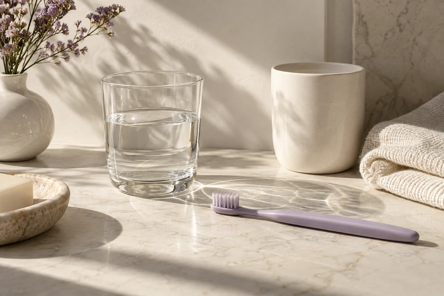 A glass of water, a lavender toothbrush and linen in morning light